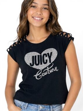 Juicy Couture Y2K Girls 16 Black Studded Logo Cold Shoulder Tee McBling Stretch
